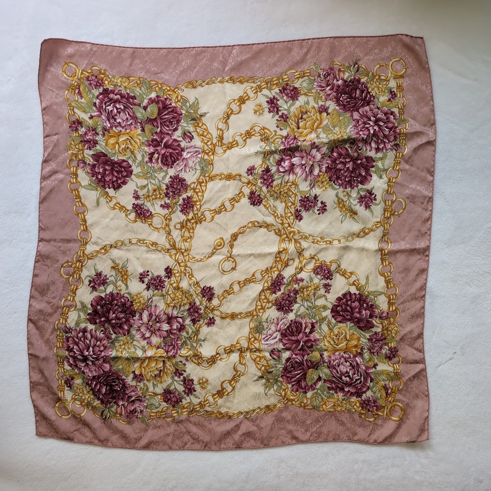 Italian 100% Silk Seta Scarf Pink Floral Gold Chain Jacquard Squareβ 34.5